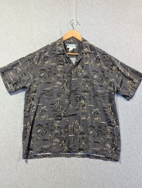 Vintage Two Palms Hawaiian Shirt Men's Large Gray Palm Trees 100% Rayon